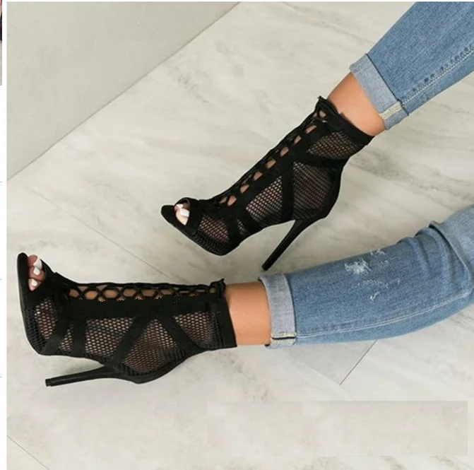 

New Fashion show Black Net Fabric Cross strap Sexy high heel Sandals Woman shoes Pumps Lace-up Peep Toe Sandals Casual Mesh