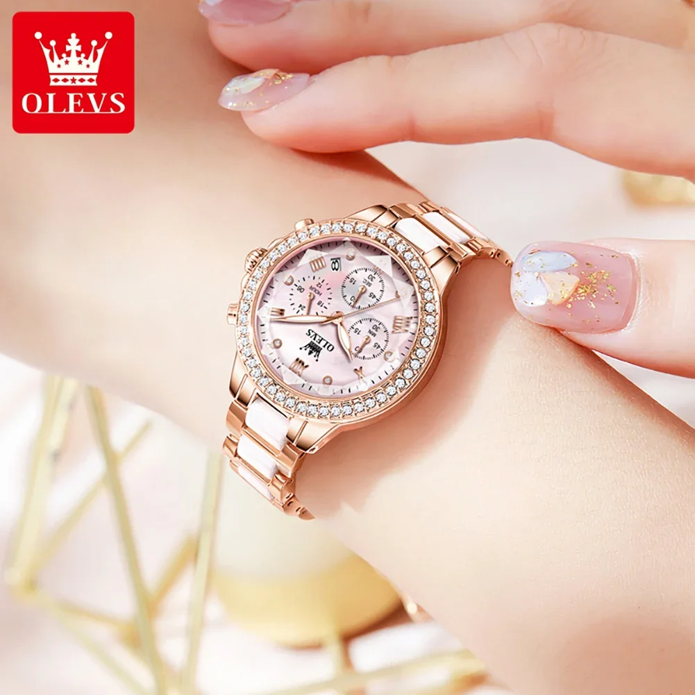 OLEVS Роскошные кварцевые часы с бриллиантами для женщин зеркальный хронограф