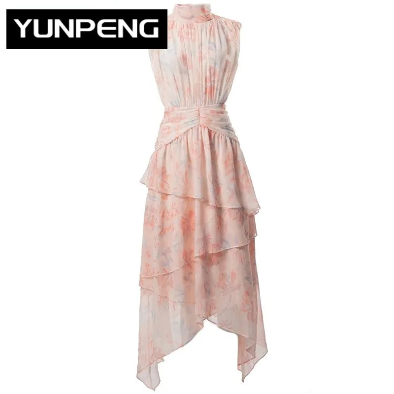 

Elegant Dresses For Women 2023 Luxury Designer Party Summer Stand Collar Sleeveless Flower Printing Fishtail Ruffled Edge Dress