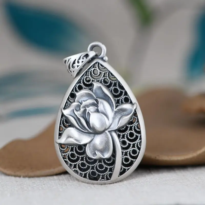 Винтажный кулон в виде капли цветка лотоса с гравировкой из серебра 925 пробы