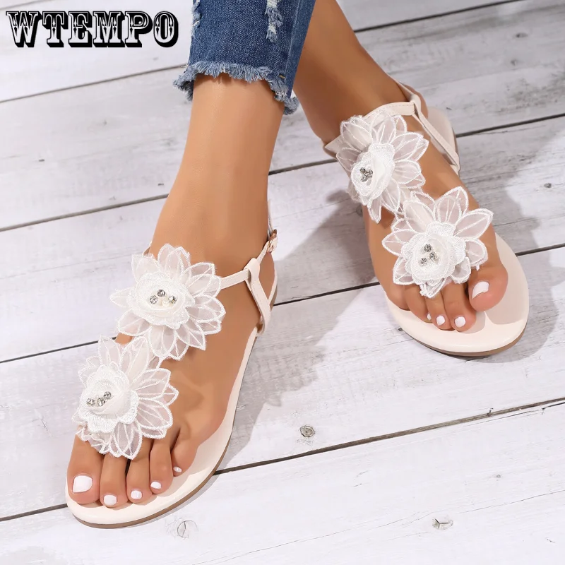 WTEMPO Plus Size Clip-toe Sandals Women's Summer Fashion Flowers Sandals Comfortable Flat Buckle Shoes Wholesale Dropshipping