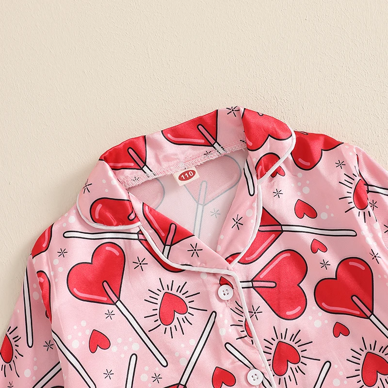 Toddler Kids Baby Girl Valentine's Day Pajamas Sets Satin Heart Print Long Sleeve Feather Trim Button Shirts Pants Sleepwear