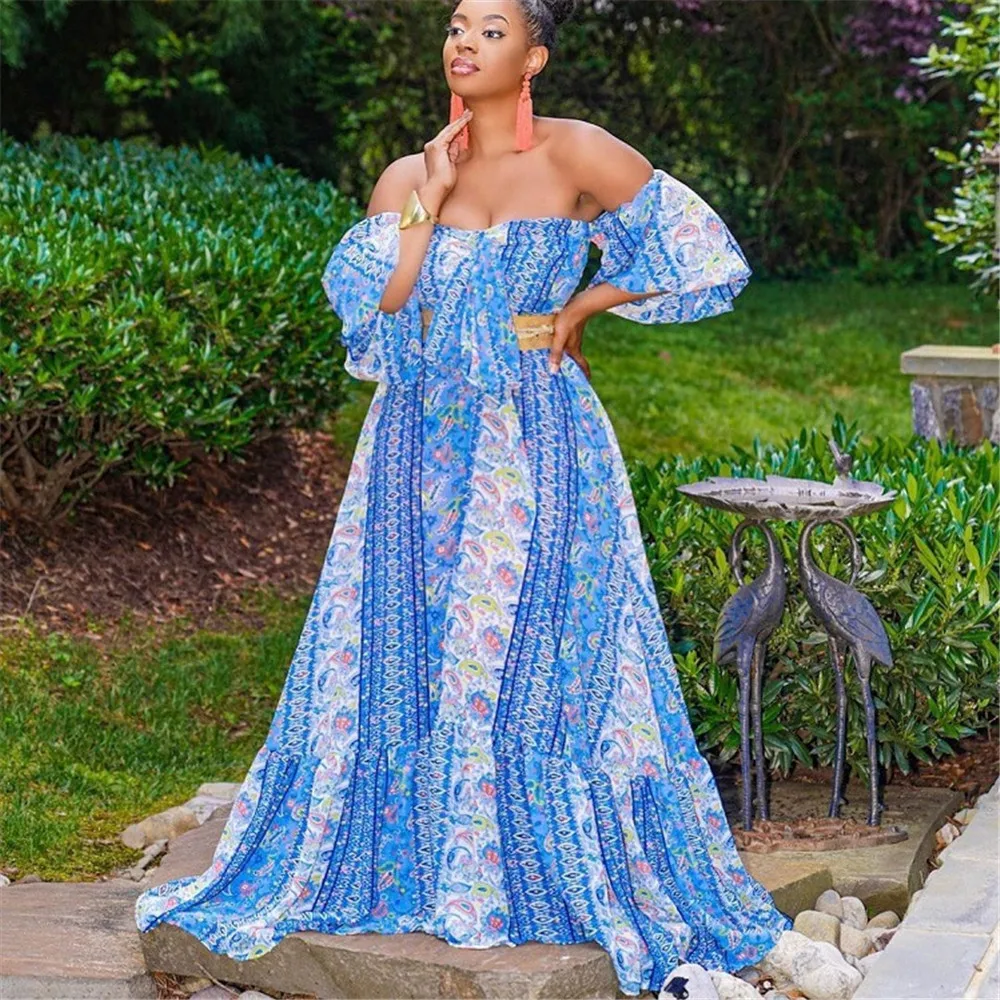 

Женское длинное платье с открытыми плечами, голубое повседневное платье макси с цветочным принтом и открытой спиной, одежда для отдыха и пл...