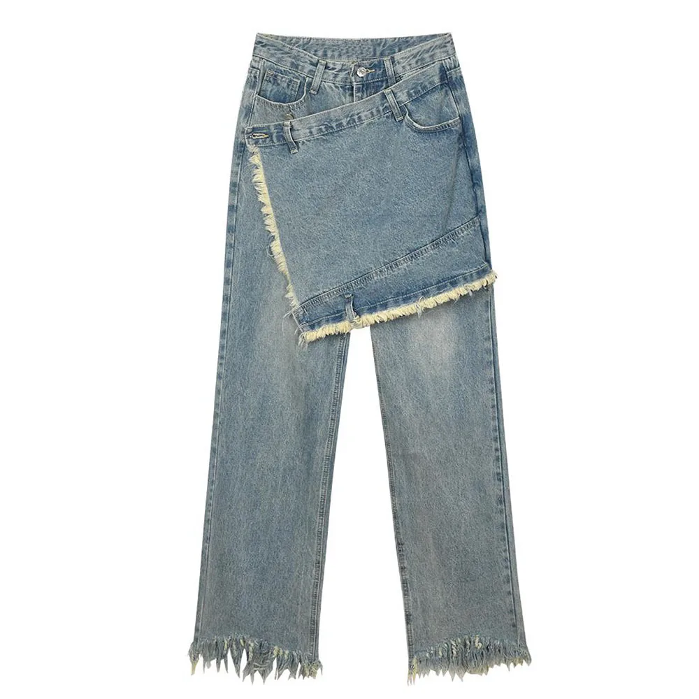 Повседневные свободные джинсы в пол с широкими штанинами имитация 2 шт. брюки для