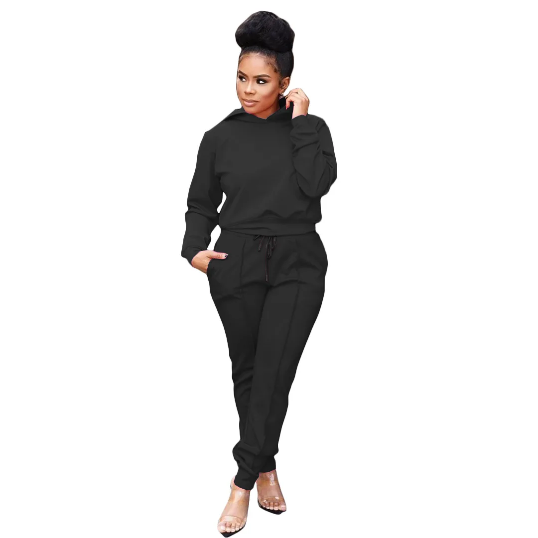 

European Style Woman 2 Piece Set Spring Autumn Hooded Top and Trouser Pant Set Woman Clothing