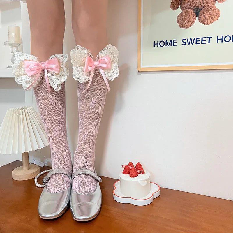 

Розовые милые длинные носки чулки балетные милые носки женские корейские сетчатые кружевные носки JK Lolita с бантом в японском стиле