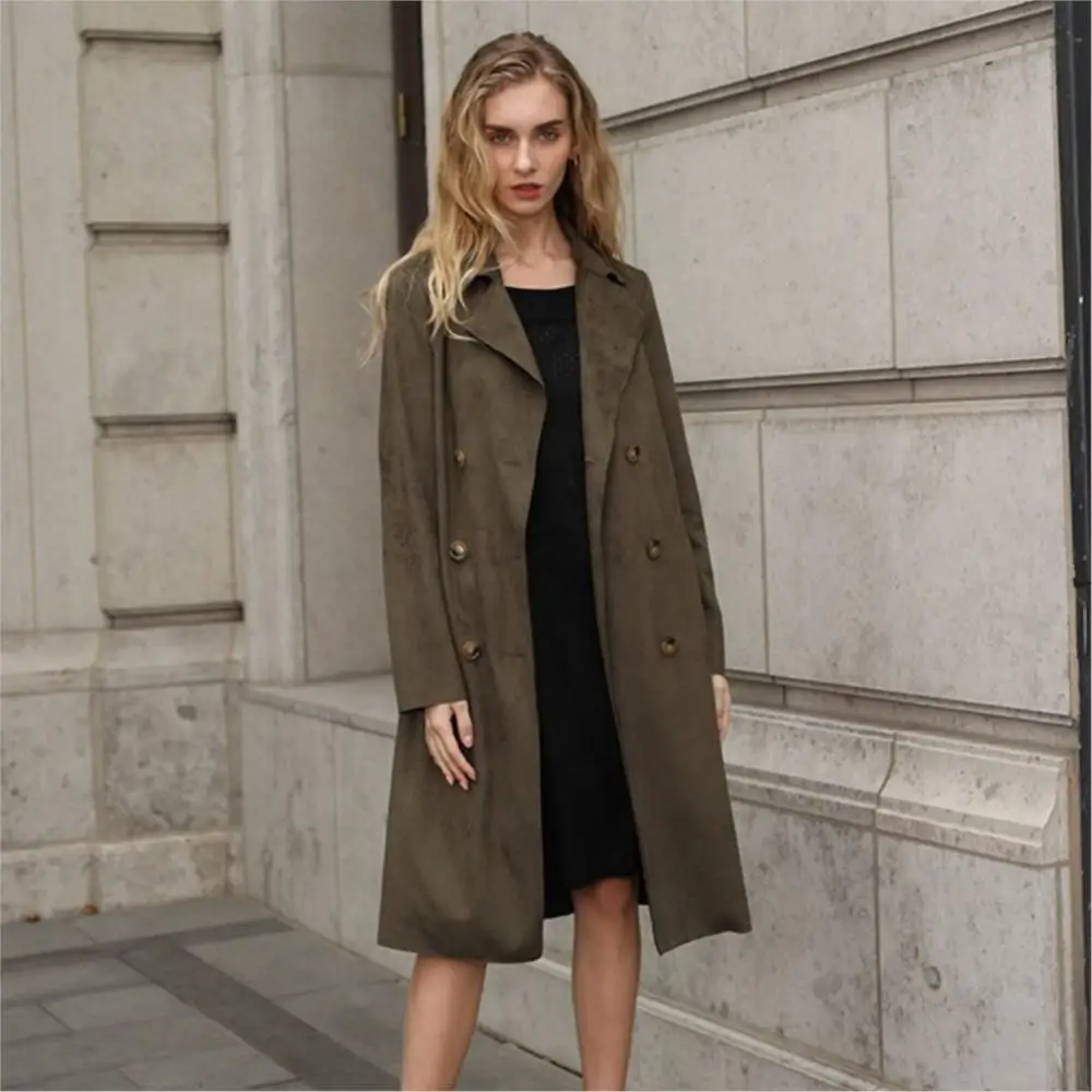 Women Winter Double Breasted Trench Real Leather Coat Long Lapel Belted Jacket Leisure Designer Thermal Pure Color Windbreake