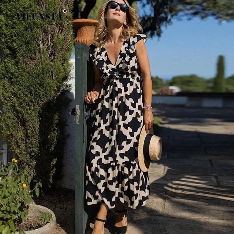 

Платье женское длинное пляжное с V-образным вырезом и оборками