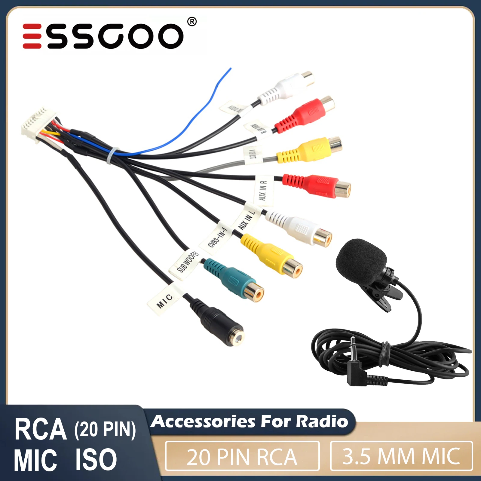 20-контактный кабель RCA для автомобильного радиоприемника ESSGOO Android для подключения внешнего микрофона диаметром 3,5 мм для видеовыхода и задней камеры