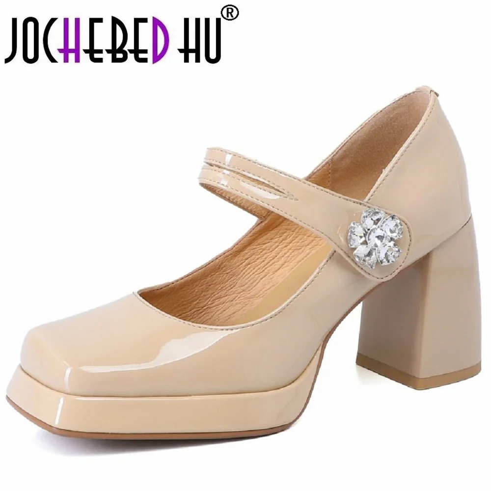 

[Jochebed hu】классические Брендовые женские кожаные туфли-лодочки из коровьей кожи с квадратным носком, блестящие однотонные Туфли на каблуке