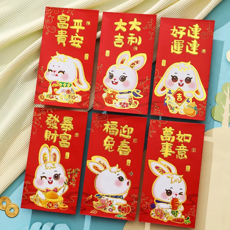 

6Pcs Red Envelope Chinese New Year of The Rabbit 2023 Hongbao Spring Festival Red Pockets Lucky Money Packets Cartoon Gift Bag