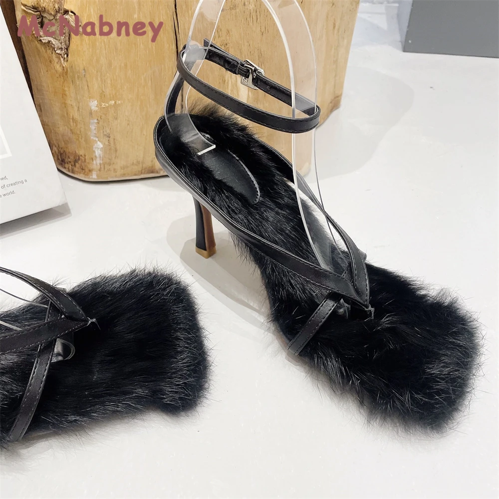 Summer Thin Heel Sandals Women Square Toe Fur Flip Sandals Wedding Dress Shoes Fashion Buckle Strap Stiletto Heels Peep Toe Sexy
