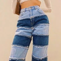 patchwork new y2k womens jeans summer loose thin high waist slim casual wide leg female fashion cuffs straight long jeans blue