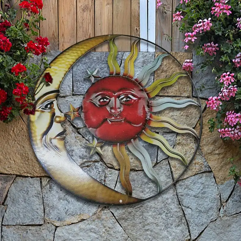 

Sun Moon Metal Wall Art Hanging Pendant Background Wall Living Room Vintage Ornament Indoor Outdoor Garden Crafts Home Decore
