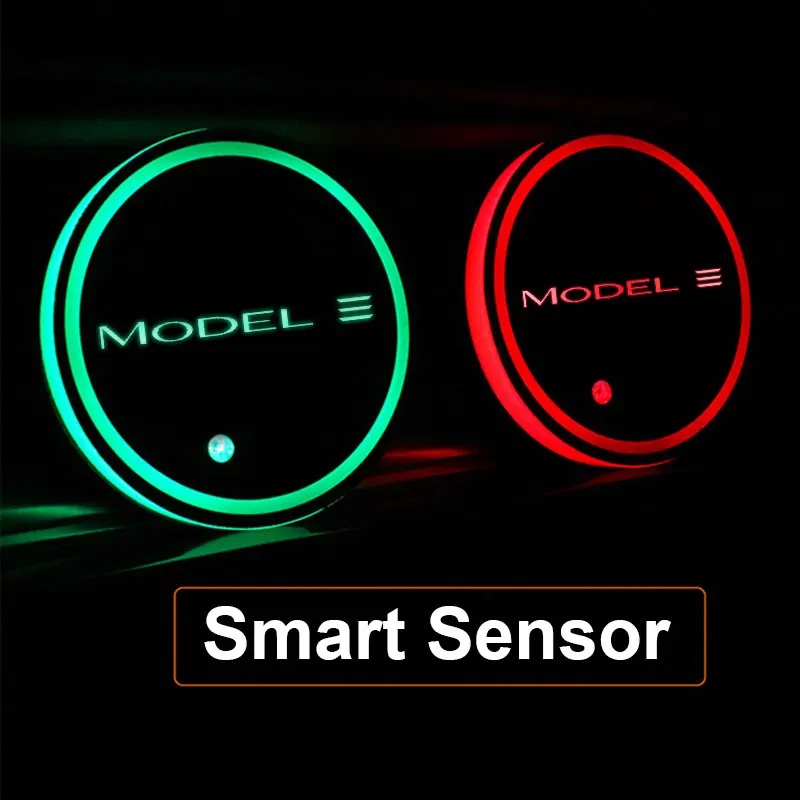 

Для Tesla Model 3 с логотипом, разноцветная подсветка, Женская Подставка под автомобильный стакан, коврик, автомобильная атмосфера, аксессуары для телефона