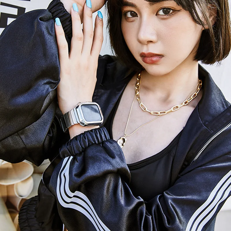 Stainless Steel Strap+silicone Case For Apple Watch Band 44mm 40mm 45mm 41mm 38mm 42mm Bumper frame Cover iwatch series 5 SE 6 7