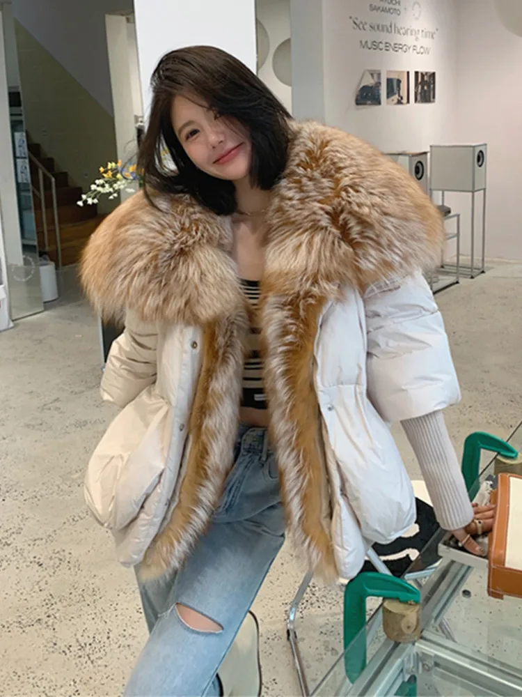 2022 New Autumn 90 Winter Goose Down Jacket Warm Women Coat Oversized Real Fox Fur Collar Thick Luxury Fashion Outerwear