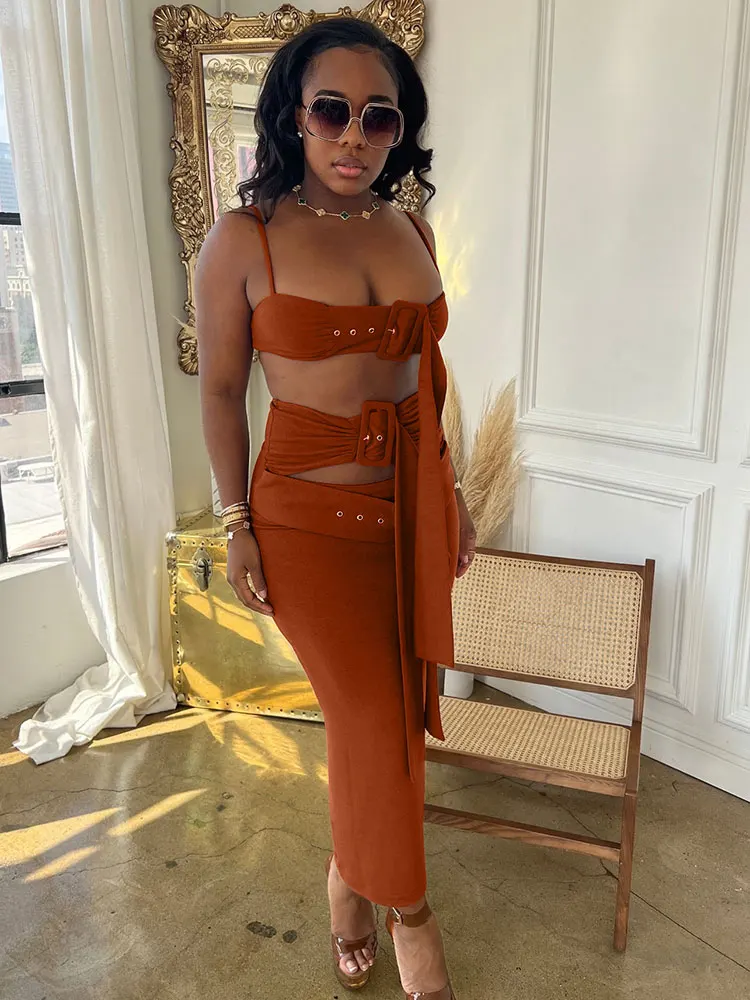 

Sexy Adjustable Buckle Skirts Sets Women Sexy Bra Spaghetti Strap Crop Top Corset Strap Long Skirt Summer 2 Pieces Club Outfits