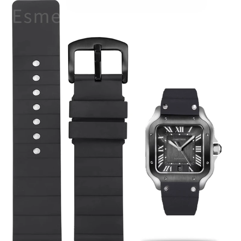 Силиконовый ремешок для часов Cartier Santos Sandoz 100 мужской черный резиновый браслет 23
