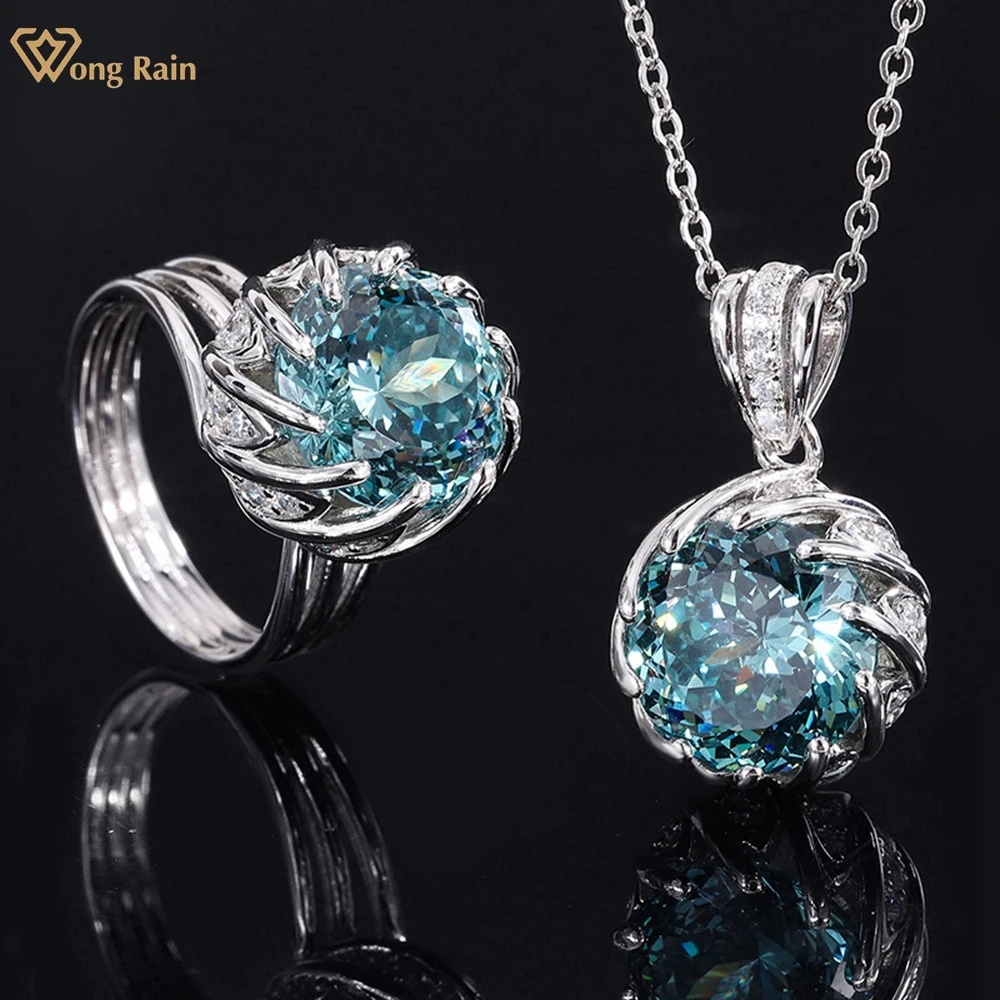 

Wong Rain Luxury 925 Sterling Silver Flower 12MM Created Moissanite Gemstone Rings/Pendant/Necklace Gifts Jewelry Set Wholesale