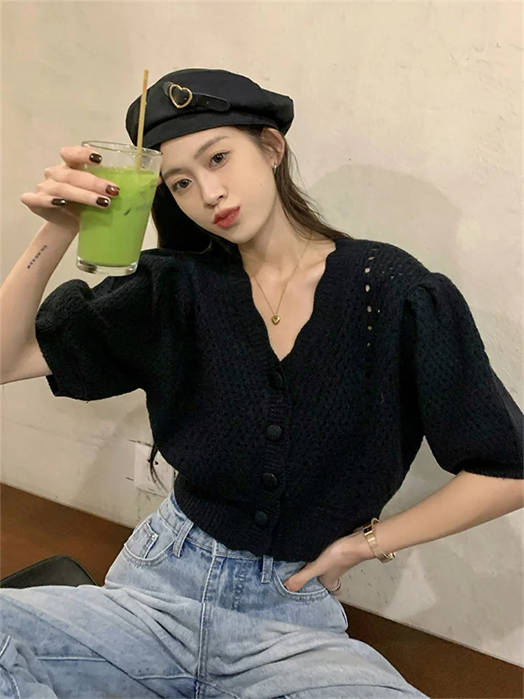 Женский трикотажный кардиган с рукавами-фонариками повседневный элегантный