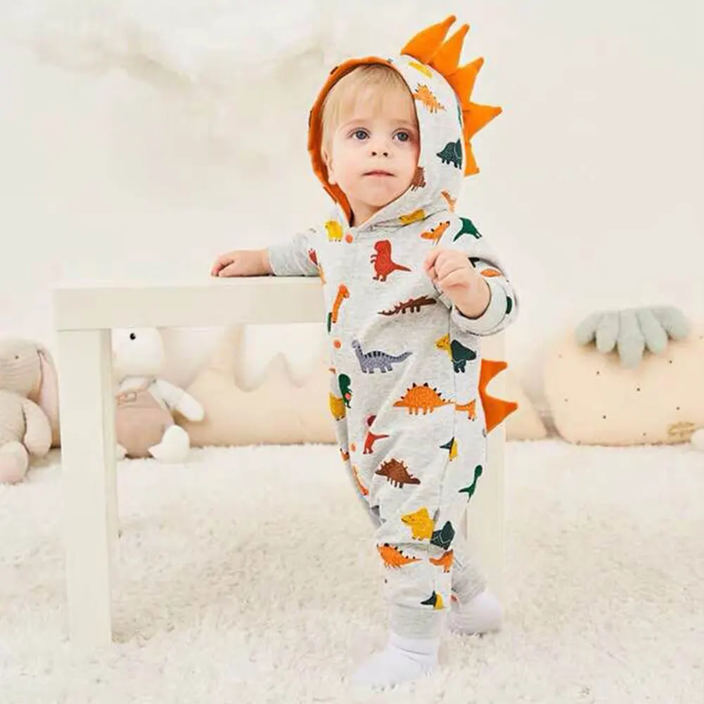 

2022 Baby Spring Autumn Clothing Toddler Baby Boy Girl Kid Colorful Dinosaur Climbing Suit Romper Long Sleeve Hooded Clothes