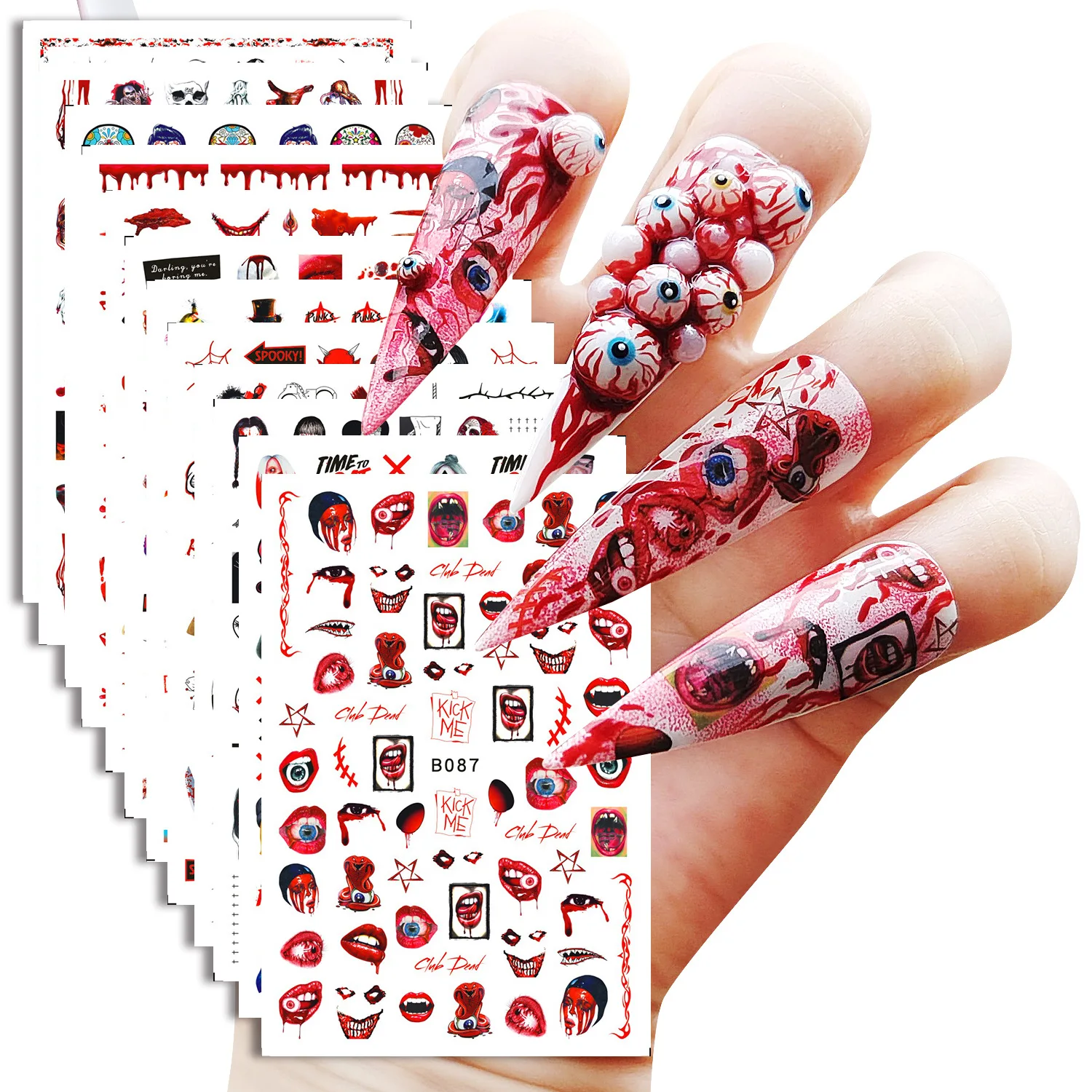 

Страшные ужасные наклейки для ногтей на Хэллоуин 3D, Кровавые Губы, Череп, призрак, шаблоны, наклейки для ногтевого дизайна, украшения для веч...