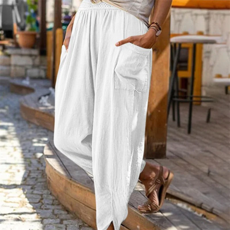 

Women Beach Loose Pencil Long Pants Fashion Solid Color Pockets Cotton Linen Casual Wide Leg Trousers 2022 New Spring Summer