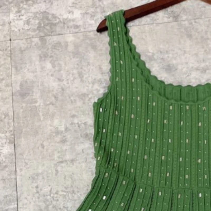 Women's Green Knitted Backless Mini Dress Vintage Tank Waist French Brand Elegant Dresses with Diamonds Spaghetti Strap Vestidos