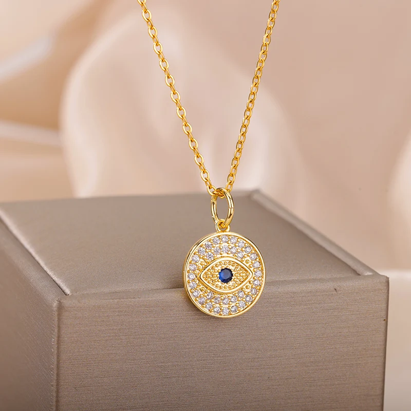 

Zircon Round Shape Evil Eye Pendant Necklace For Woman Men Gold Color Chain Turkish Blue Eye Necklace Female Jewelry Best Gift