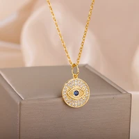 zircon round shape evil eye pendant necklace for woman men gold color chain turkish blue eye necklace female jewelry best gift