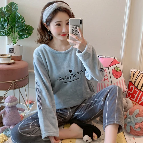 New Autumn Winter Warm Flannel Women Pajamas Set Cute Coral Velvet Long Sleeve Cartoon Sleepwear Set Leisure Home Wear Clothes