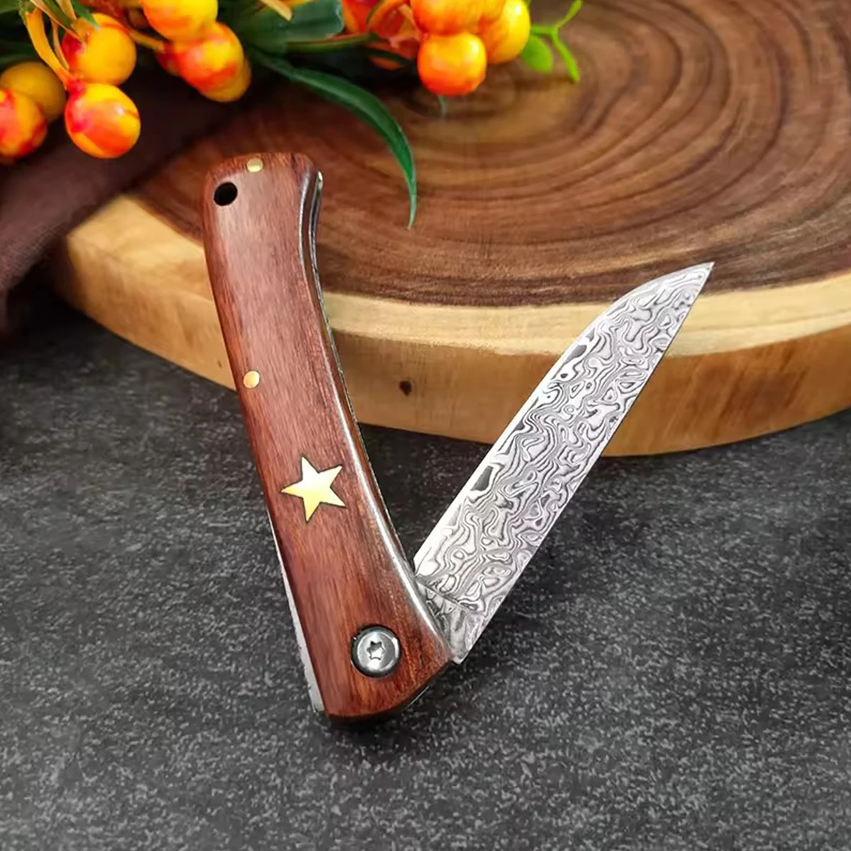 Фото Изысканный карманный нож из дамасской стали EDC - универсальный острый нож для нарезки фруктов, многофункциональный складной нож №5
