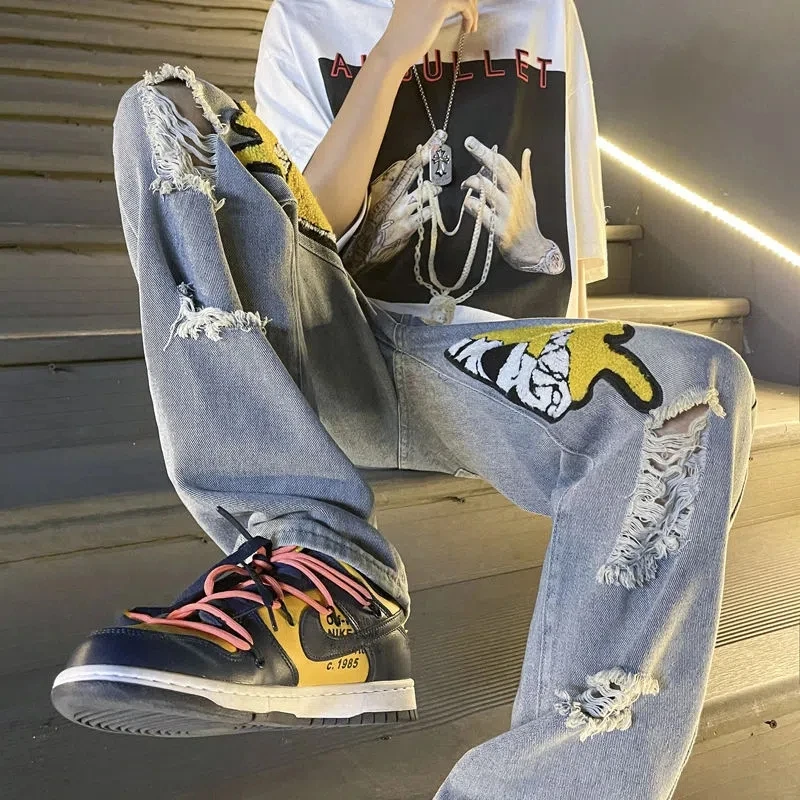 New Ropa Smiley Embroidery Hole Ripped Baggy Men Hip Hop Jeans Pants Y2k Clothes Straight Goth Denim Trousers Pantalones Hombre