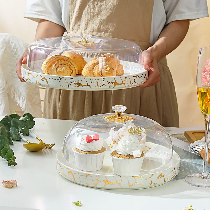 

New European style cake ceramic tray, afternoon tea dessert fruit tray display rack, transparent dust-proof ceramica tableware