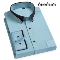 landuxiu 2022 spring new elastic anti wrinkle long sleeved drill button collision collar mens business casual shirt