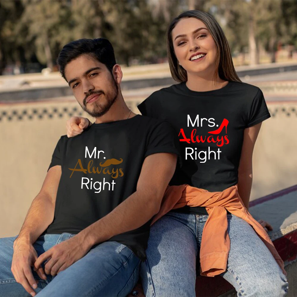 

Summer Men's T-Shirt Mr Mrs Always Right Print Lover Tee Anniversary Gift Matching Casual Couple Short Sleeve Top Women Clothes