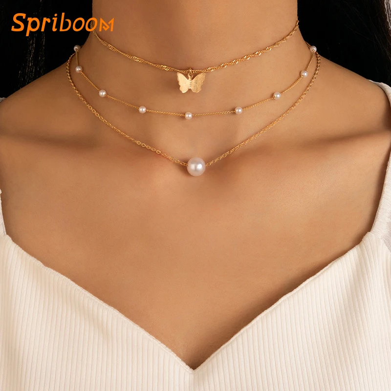 

Women's Pearl Choker Necklaces 3 Layered Butterfly Pendant Clavicle Chain Romantic Gorgeous Collars Necklace Boho Party Jewelry