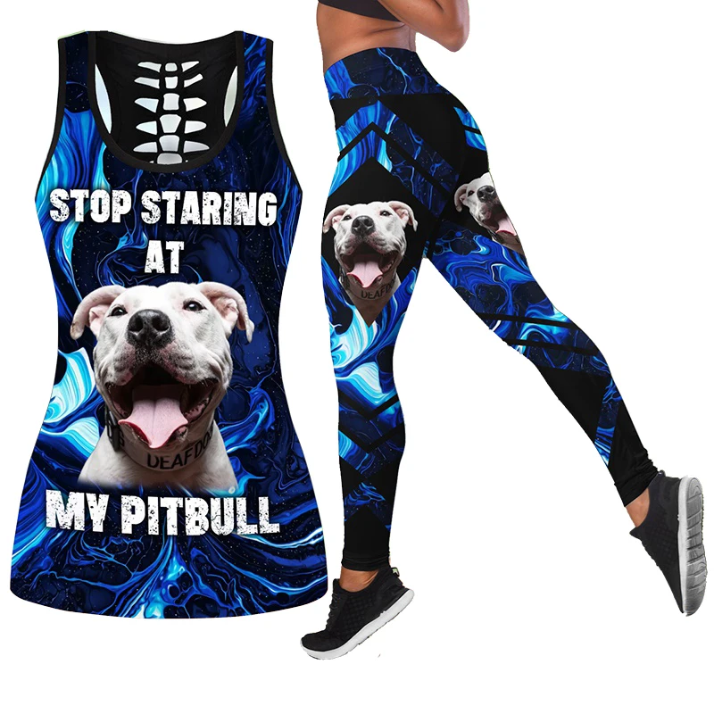 

Pitbull 3D All Over Printed Combo Tank + Legging Yoga Pants and Hollow Tank Womens Sport Vest Suits Leisure Suits