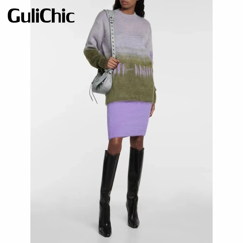 

12.14 GuliChic Women Casual Fashion Contrast Color Gradient Round Neck Letter Mohair Knitted Pullover Sweater
