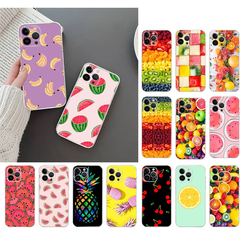 

Phone Case For iphone 14 13 12 11 Pro Max XS Max XR X 12mini 14 Plus SE Fruit Banana Pineapple Watermelon Cherry Case Funda