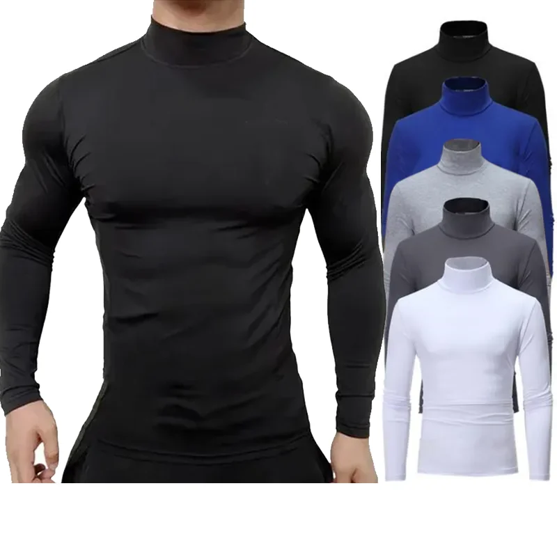 Spring Autumn Winter Men's Bottom Shirt High Elasticity Men's Casual Slim Fit Basic Long Sleeve Sports Turtleneck Quality Tops