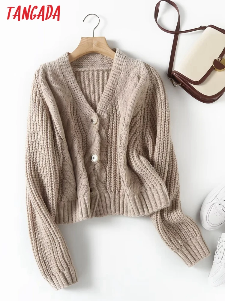 

Tangada Women Khaki Twist Thick Cardigan Vintage Jumper 2022 Female Crop Knitted Cardigan BC41