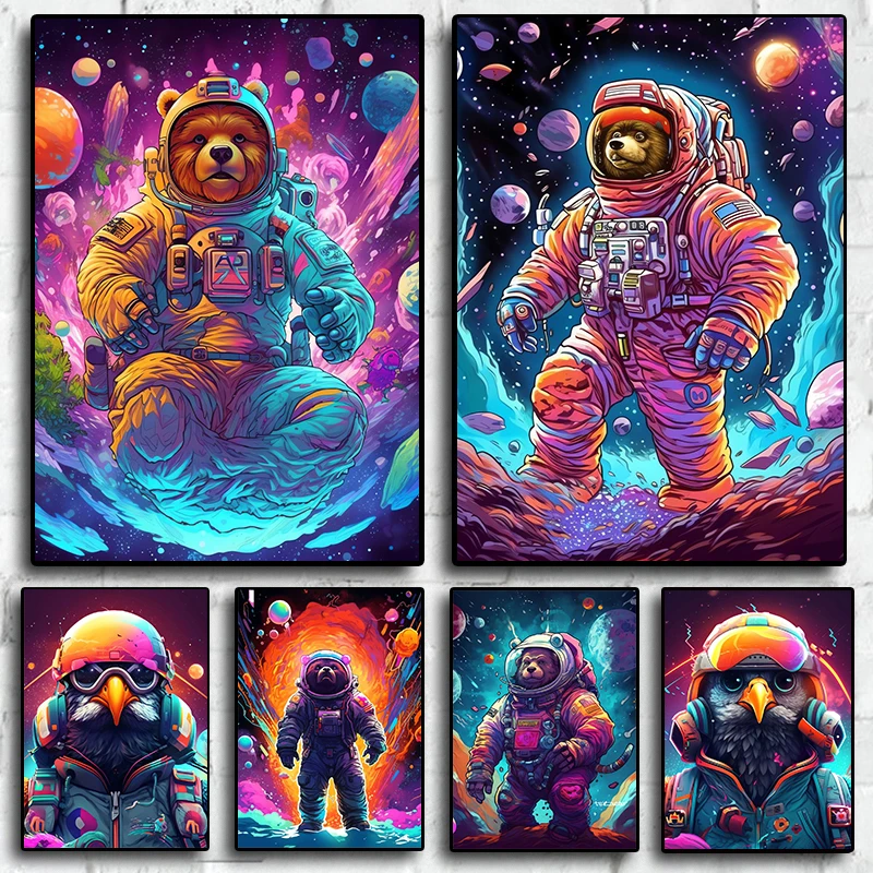 

Space Fantasy Astronaut Bear Funny Animals Aesthetics Pictures For Room Living Wall Art Home Decor Canvas Painting Print Posters