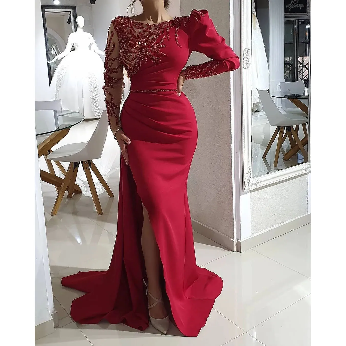 

Красное женское вечернее платье Kadisua с длинным рукавом, аппликацией, аппликацией со шлейфом, блестками и круглым вырезом, для торжественных случаев