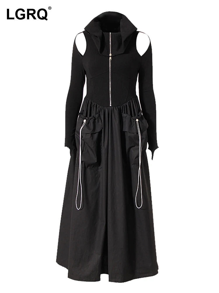 

LGRQ Trendy Ruched Patchwork Drawstring Pockets Women's Dresses Autumn 2023 New Long Sleeve Niche Design Knit Lace Dress 19F1595