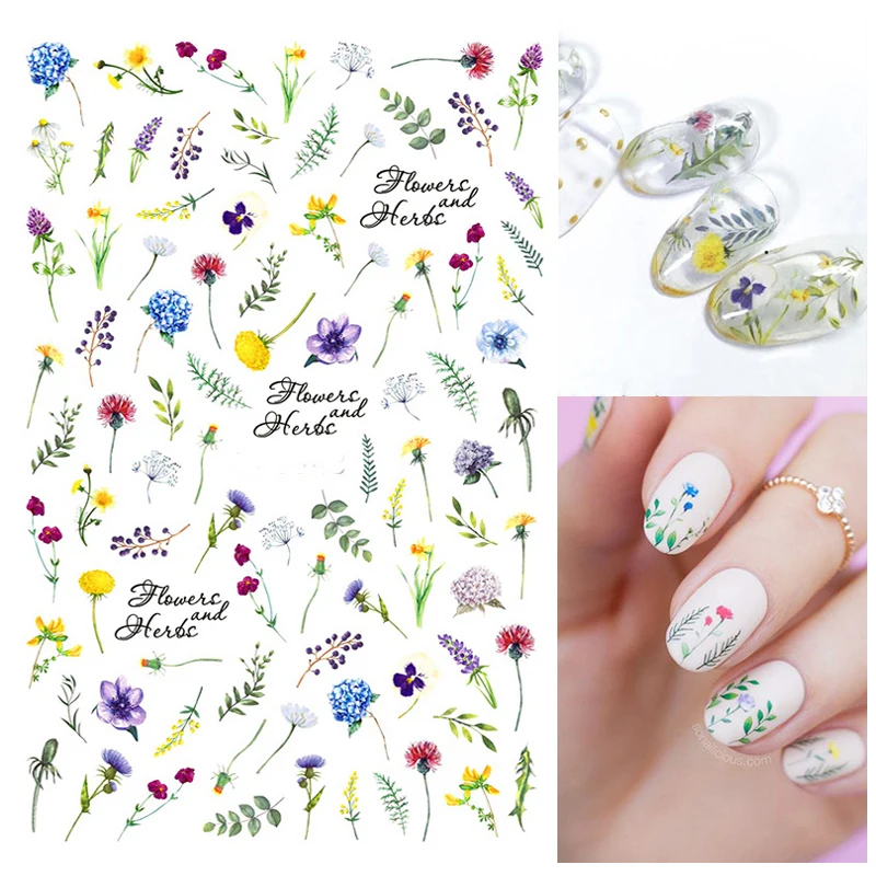 

Back Glue Stickers Blue Purple Yellow Nuance Flowers Dandelion Herbs Nail Decals Decoration For Nail Art Manicure Beauty