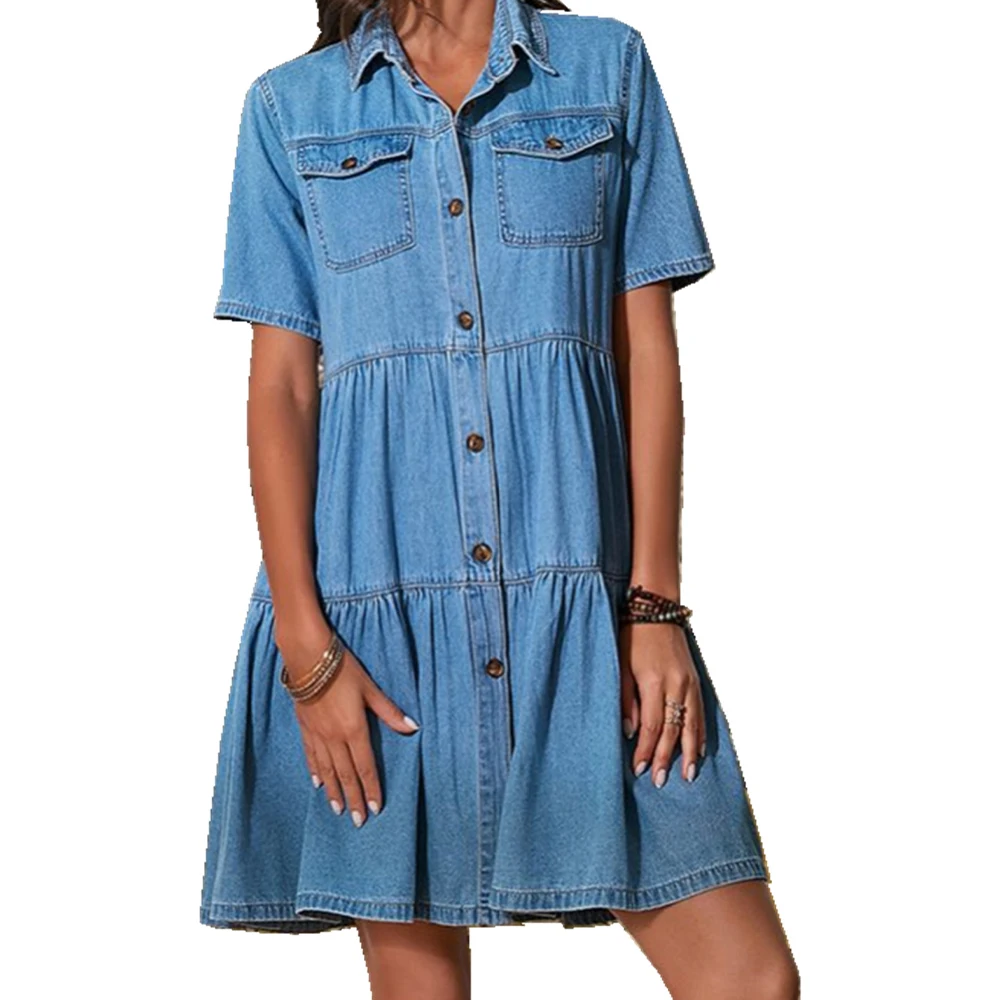 

Fashion Denim Dress Loose Pleated Short Sleeve Dresses Pocket Single Bressted Multi-poket Mini Dress A-line Vestido De Mujer