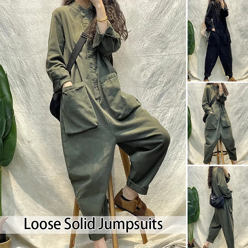 

Женский комбинезон в Корейском стиле, черный или зеленый винтажный комбинезон свободного кроя с прямыми брюками, повседневная одежда для работы в стиле Харадзюку
