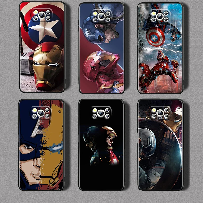 

Captain America and Iron Man For Xiaomi Civi Mi Poco X3 NFC F3 GT M4 M3 M2 X2 F2 Pro C3 F1 Silicone Shell Capa Black Phone Case